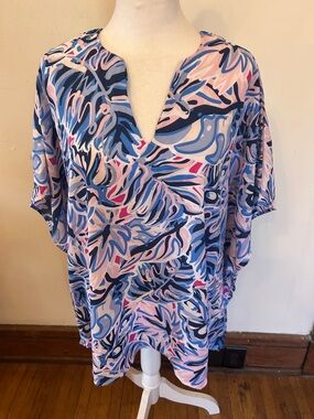 Simply Southern Women’s Blue Pink Print Swim Cover-Up Tunic Size L EUC